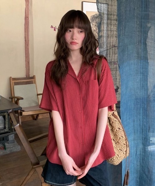 LADY LIKE(レディライク)の「ピンストライプゆったりオープンカラーシャツ(シャツ/ブラウス・レディース・イエロー/レッド/ピンク・M)」の10枚目の写真