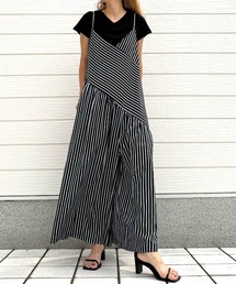 Q | ストライプ キャミワイドサロペット(つなぎ/オールインワン)