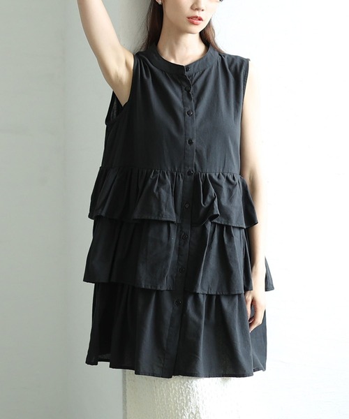 Sawa a la mode（サワアラモード）の「ノースリーブティアードシャツチュニック（チュニック・レディース・ブラック/オフホワイト/テラコッタ・FREE）」の3枚目の写真