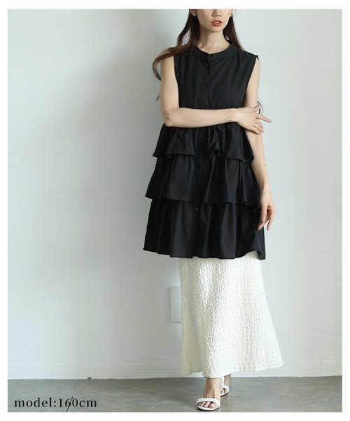 Sawa a la mode（サワアラモード）の「ノースリーブティアードシャツチュニック（チュニック・レディース・ブラック/オフホワイト/テラコッタ・FREE）」の7枚目の写真