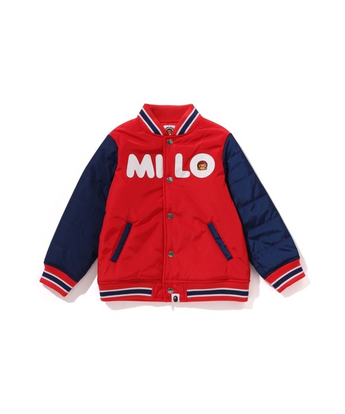 A BATHING APE(アベイシングエイプ)の「BABY MILO PADDED VARSITY JACKET(ミリタリージャケット・キッズ・グリーン/レッド・110/130/140/120)」の2枚目の写真