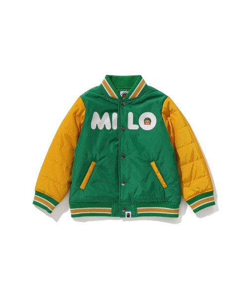 A BATHING APE(アベイシングエイプ)の「BABY MILO PADDED VARSITY JACKET(ミリタリージャケット・キッズ・グリーン/レッド・110/130/140/120)」の1枚目の写真