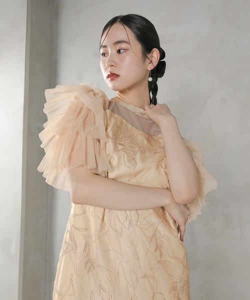 セール】スパンコール レース チュール フリル Iライン ドレス 結婚式