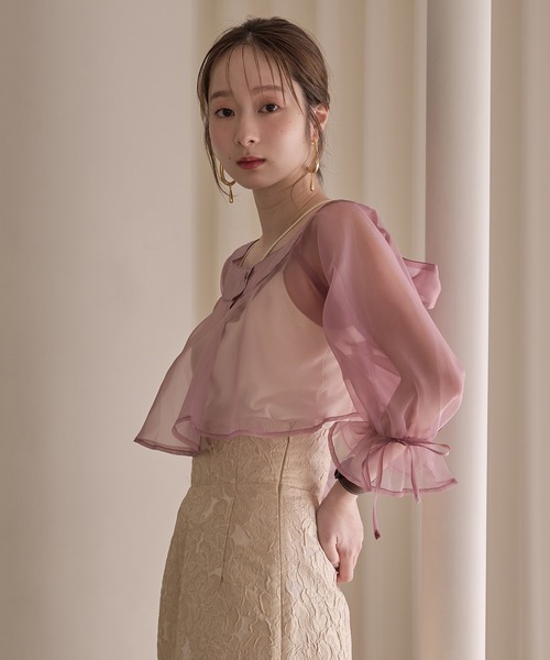 mideal(マイディール)の「2way ribbon cropped sheer blouse / 2wayリボンクロップドシアーブラウス(シャツ/ブラウス・レディース・アイボリー/ピンク・FREE)」の1枚目の写真