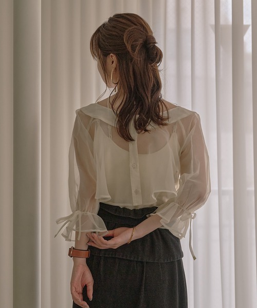 mideal(マイディール)の「2way ribbon cropped sheer blouse / 2wayリボンクロップドシアーブラウス(シャツ/ブラウス・レディース・アイボリー/ピンク・FREE)」の4枚目の写真