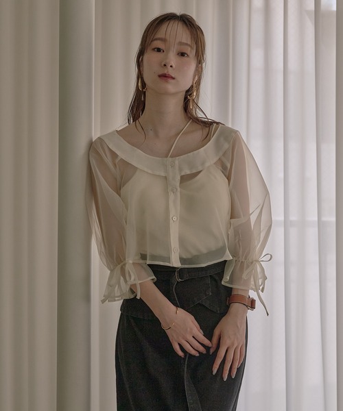 mideal(マイディール)の「2way ribbon cropped sheer blouse / 2wayリボンクロップドシアーブラウス(シャツ/ブラウス・レディース・アイボリー/ピンク・FREE)」の9枚目の写真