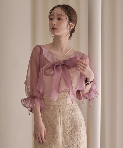 mideal(マイディール)の「2way ribbon cropped sheer blouse / 2wayリボンクロップドシアーブラウス(シャツ/ブラウス・レディース・アイボリー/ピンク・FREE)」の18枚目の写真