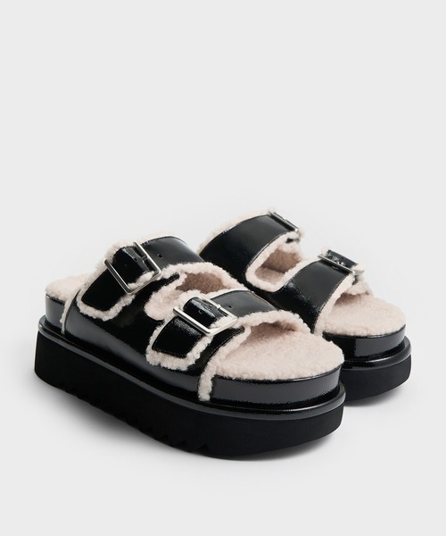 CHARLES & KEITH（チャールズ & キース）の「ファーライン プラットフォームサンダル（スリッポン・レディース・ベージュ/ブラック系その他6・24.5cm/23.5cm/22.5cm/23cm/25.5cm/25cm）」の9枚目の写真