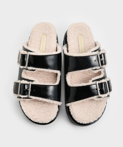 CHARLES & KEITH（チャールズ & キース）の「ファーライン プラットフォームサンダル（スリッポン・レディース・ベージュ/ブラック系その他6・24.5cm/23.5cm/22.5cm/23cm/25.5cm/25cm）」の3枚目の写真