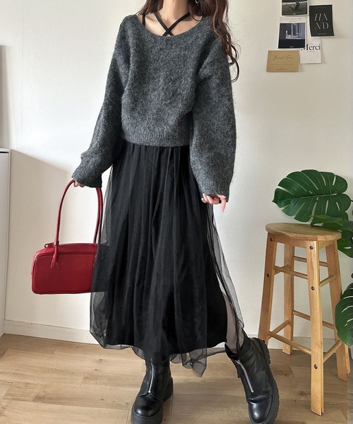 セール】褒められワンピ♪マルチwayニット×チュールワンピースセット