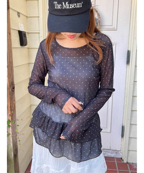 WC(ダブル シー)の「フリルヘムドットシアートップス(Tシャツ/カットソー・レディース・ホワイト/ブラック・FREE)」の1枚目の写真