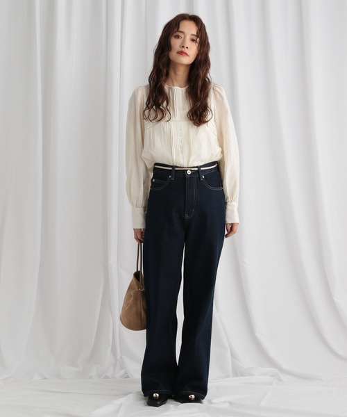 mysty woman（ミスティウーマン）の「ピンタックレースブラウス 581518（Tシャツ/カットソー・レディース・アイボリー/ベージュ/ブラック・FREE）」の5枚目の写真