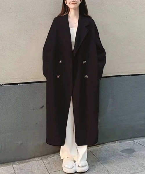 美品 ロングコート チェスターコート ダブル マキシ丈 カシミヤ100 黒 L ダブルマキシチェスターコート[品番：MKSW0047838]｜MURUA（ムルーア