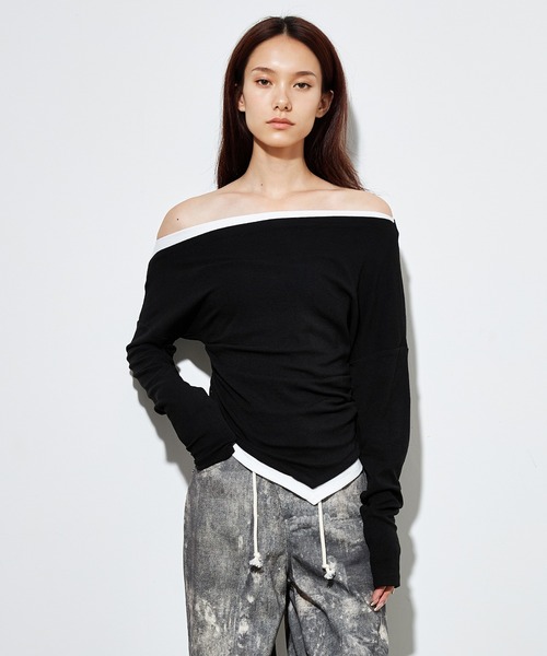 SUWDEE(スーディー)の「bicolor side gather layered tops(Tシャツ/カットソー・レディース・ブラック/ライトグレー/ブラウン・FREE)」の1枚目の写真