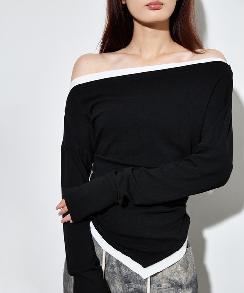 SUWDEE(スーディー)の「bicolor side gather layered tops(Tシャツ/カットソー・レディース・ブラック/ライトグレー/ブラウン・FREE)」の6枚目の写真