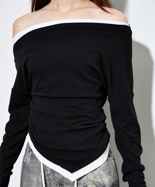 SUWDEE(スーディー)の「bicolor side gather layered tops(Tシャツ/カットソー・レディース・ブラック/ライトグレー/ブラウン・FREE)」の7枚目の写真