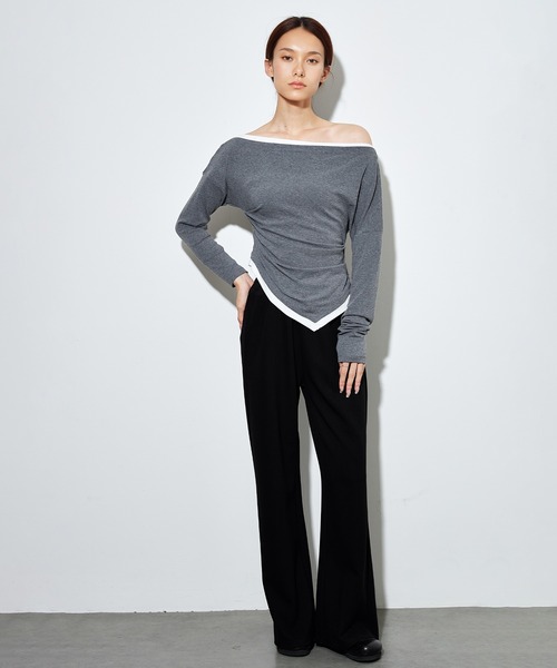SUWDEE(スーディー)の「bicolor side gather layered tops(Tシャツ/カットソー・レディース・ブラック/ライトグレー/ブラウン・FREE)」の9枚目の写真
