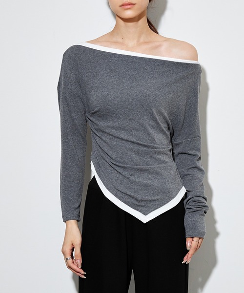 SUWDEE(スーディー)の「bicolor side gather layered tops(Tシャツ/カットソー・レディース・ブラック/ライトグレー/ブラウン・FREE)」の10枚目の写真