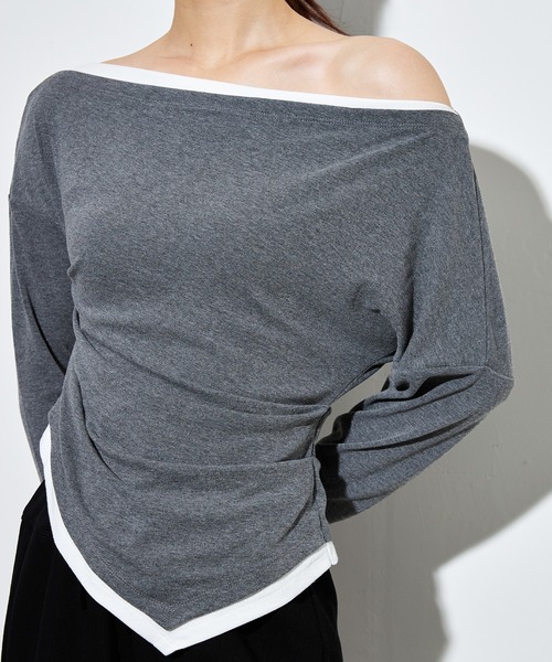 SUWDEE(スーディー)の「bicolor side gather layered tops(Tシャツ/カットソー・レディース・ブラック/ライトグレー/ブラウン・FREE)」の11枚目の写真