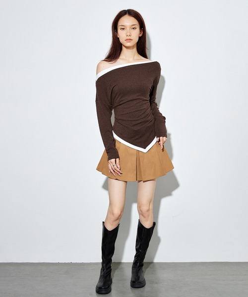 SUWDEE(スーディー)の「bicolor side gather layered tops(Tシャツ/カットソー・レディース・ブラック/ライトグレー/ブラウン・FREE)」の12枚目の写真