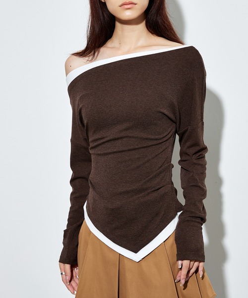 SUWDEE(スーディー)の「bicolor side gather layered tops(Tシャツ/カットソー・レディース・ブラック/ライトグレー/ブラウン・FREE)」の13枚目の写真