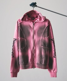 Y2Kグランジ スプレー加工 ダブルジップ ショート丈 ジップパーカー 裏毛 スウェット フーディー アイレット【UNISEX】