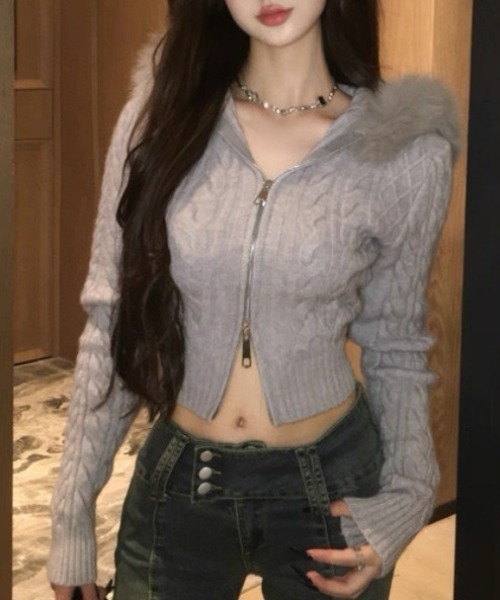 セール】フードフェイクファー付きジップアップニットカーデガン