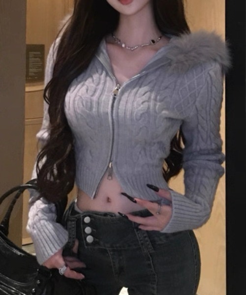セール】フードフェイクファー付きジップアップニットカーデガン