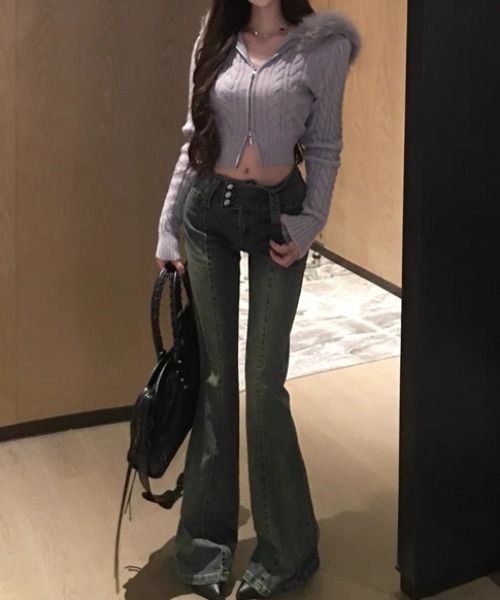 セール】フードフェイクファー付きジップアップニットカーデガン