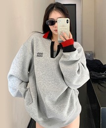 韓国ファッション OISISバイカラー配色スキッパー襟スウェット