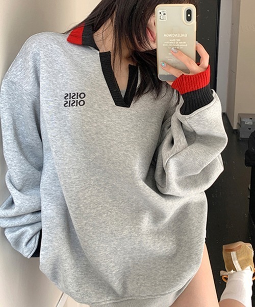 Dalfwin(ダールフィン)の「韓国ファッション OISISバイカラー配色スキッパー襟スウェット(スウェット・レディース・グレー/ネイビー・FREE)」の11枚目の写真