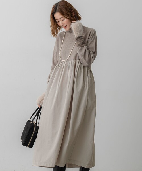 23区（ニジュウサンク）の「【洗える】ギャザーコンビ ニットワンピース（ワンピース・レディース・ネイビー系/ブラック系/ベージュ系・38）」の2枚目の写真