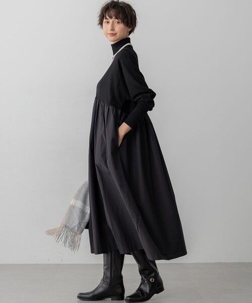 洗える】ギャザーコンビ ニットワンピース（ワンピース）｜23区