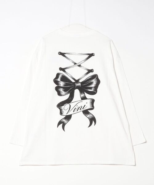 Vini(ヴィニ)の「【Vini】リボンロゴBIGロンT(Tシャツ/カットソー・レディース・ホワイト/チャコールグレー・ONESIZE)」の5枚目の写真