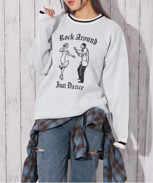 GORGE(ゴージ)の「《ジャガードロゴ柄×配色ライン》ゆるシルエットニットプルオーバー(ニット/セーター・レディース・オフホワイト/チャコール/ネイビー・F)」の1枚目の写真