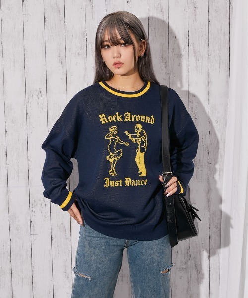 GORGE(ゴージ)の「《ジャガードロゴ柄×配色ライン》ゆるシルエットニットプルオーバー(ニット/セーター・レディース・オフホワイト/チャコール/ネイビー・F)」の7枚目の写真