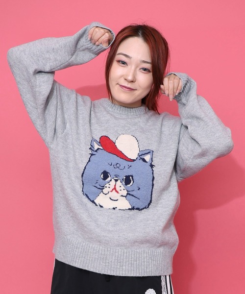 ScoLar(スカラー)の「153725:キャップネコ柄ジャガードニットプルオーバー(Tシャツ/カットソー・レディース・ブラック/杢グレー/ネイビー・M)」の3枚目の写真