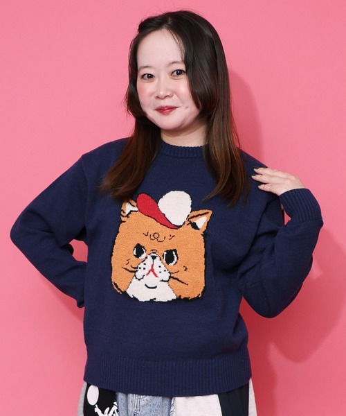 ScoLar(スカラー)の「153725:キャップネコ柄ジャガードニットプルオーバー(Tシャツ/カットソー・レディース・ブラック/杢グレー/ネイビー・M)」の2枚目の写真