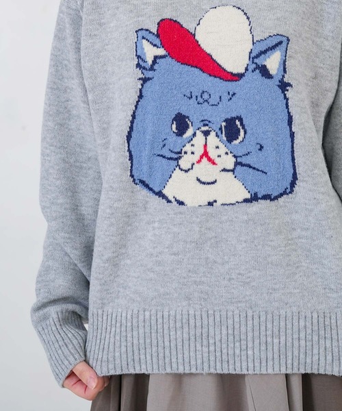 ScoLar(スカラー)の「153725:キャップネコ柄ジャガードニットプルオーバー(Tシャツ/カットソー・レディース・ブラック/杢グレー/ネイビー・M)」の14枚目の写真