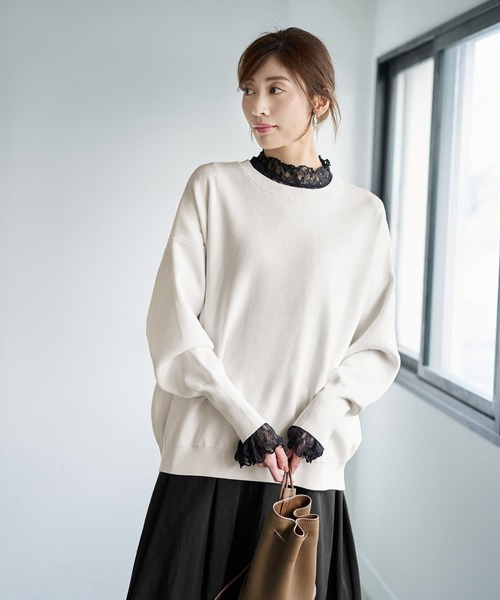 STYLE DELI（スタイルデリ）の「袖口から出すレーシィーインナートップス（Tシャツ/カットソー・レディース・ブラック/ホワイト/キナリ・MEDIUM）」の13枚目の写真