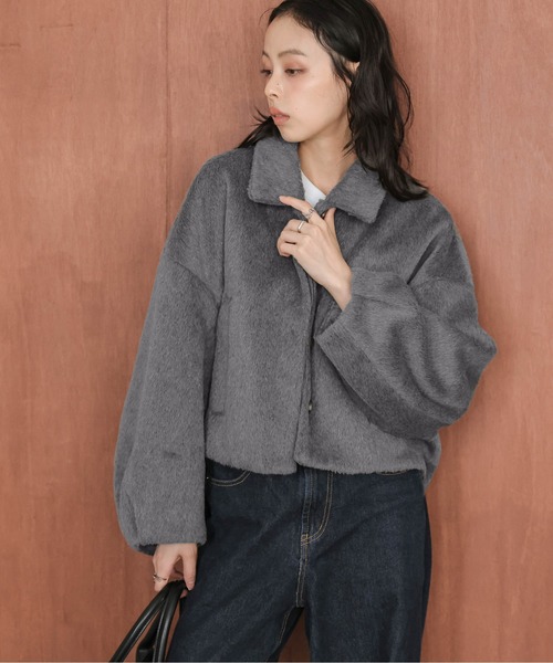 Lajour（ラジュール）の「【日本製】ウールMIXショートブルゾン（ブルゾン・レディース・ベージュ/グレー/ブラック/カーキ・フリー）」の2枚目の写真