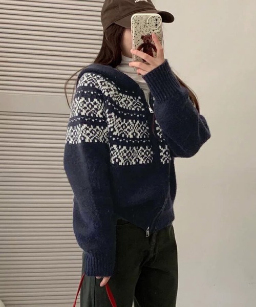 shopnikoniko(ショップニコニコ)の「ノルディック柄 ダブルジップアップ ニットパーカー(パーカー・レディース・ホワイト/グレー/ネイビー・フリー)」の6枚目の写真