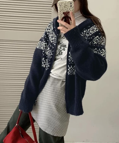 shopnikoniko(ショップニコニコ)の「ノルディック柄 ダブルジップアップ ニットパーカー(パーカー・レディース・ホワイト/グレー/ネイビー・フリー)」の19枚目の写真