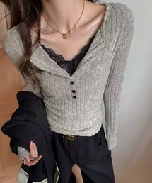 STAY MOTION | 【WEB限定】レースレイヤード風Vネックニットトップス［韓国ファッション カジュアル］≪新作≫(ニット/セーター)