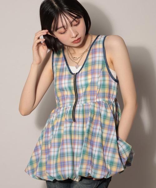 PAGEBOY（ページボーイ）の「シアーチェックバルーンチュニ（その他トップス・レディース・イエロー/ブルー/ブラック・FREE）」の3枚目の写真
