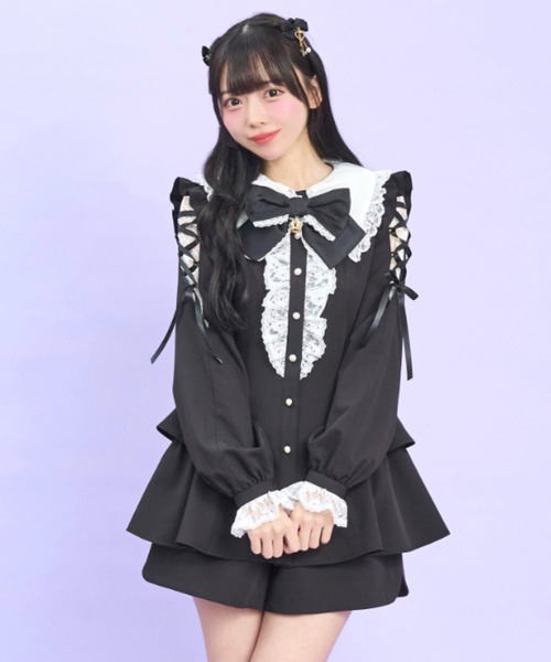 Secret Honey(シークレットハニー)の「ロングポイントカラーショルダーレースアップセットアップ(セットアップ・レディース・ブラック/ブラック系その他/ピンク・MEDIUM)」の5枚目の写真