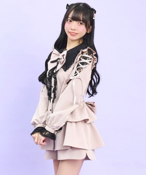 Secret Honey(シークレットハニー)の「ロングポイントカラーショルダーレースアップセットアップ(セットアップ・レディース・ブラック/ブラック系その他/ピンク・MEDIUM)」の10枚目の写真