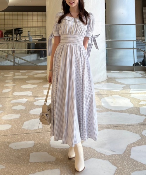 The　３RD　上品なホワイトワンピ　ブルーリボン付き(*'▽') one after another NICE CLAUP ワンピース リボン取り外し可能/肩