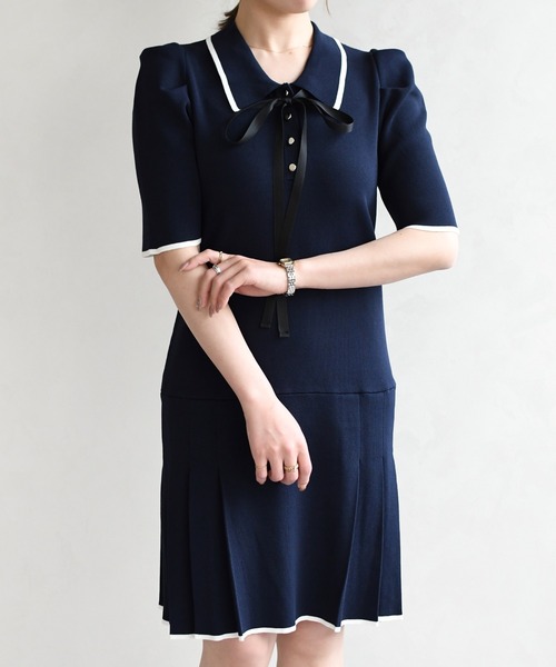 31 Sons de mode（トランテアン　ソン　ドゥ　モード）の「2026春夏新作 配色ポロニットワンピース（ワンピース・レディース・ブルー/イエロー/ネイビー・ﾌﾘ-）」の6枚目の写真