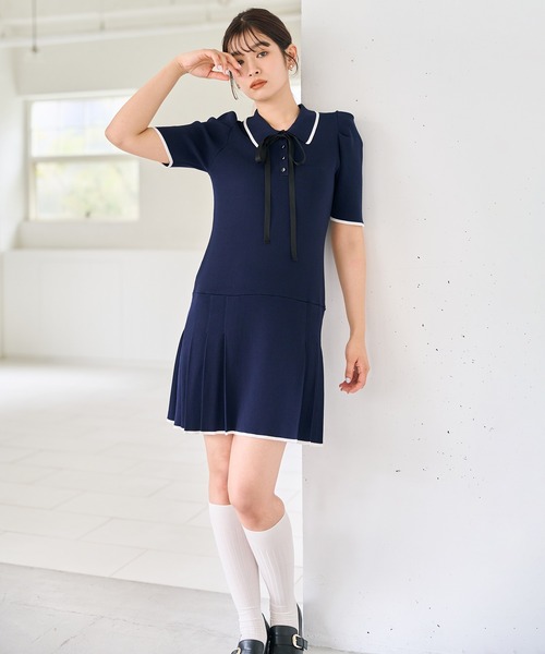 31 Sons de mode（トランテアン　ソン　ドゥ　モード）の「2026春夏新作 配色ポロニットワンピース（ワンピース・レディース・ブルー/イエロー/ネイビー・ﾌﾘ-）」の4枚目の写真